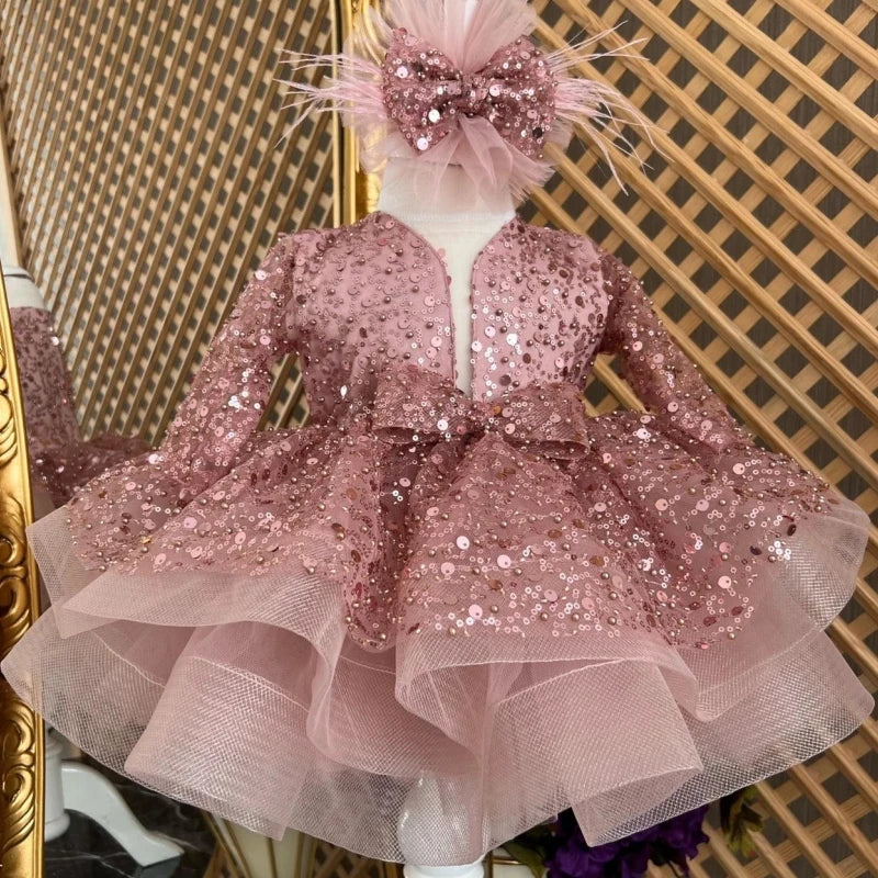 Customized Flower Girl Dresses Cute Pink Glitter Sequined Shiny Puffy Organza With Bow Fit Wedding Party Princess Ball Gowns