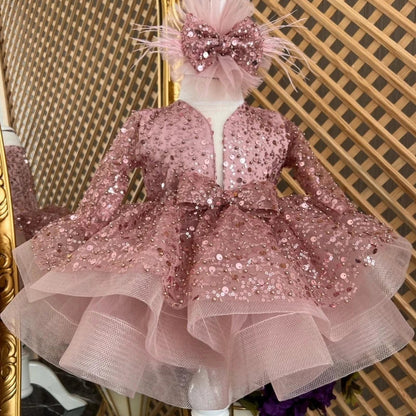 Customized Flower Girl Dresses Cute Pink Glitter Sequined Shiny Puffy Organza With Bow Fit Wedding Party Princess Ball Gowns