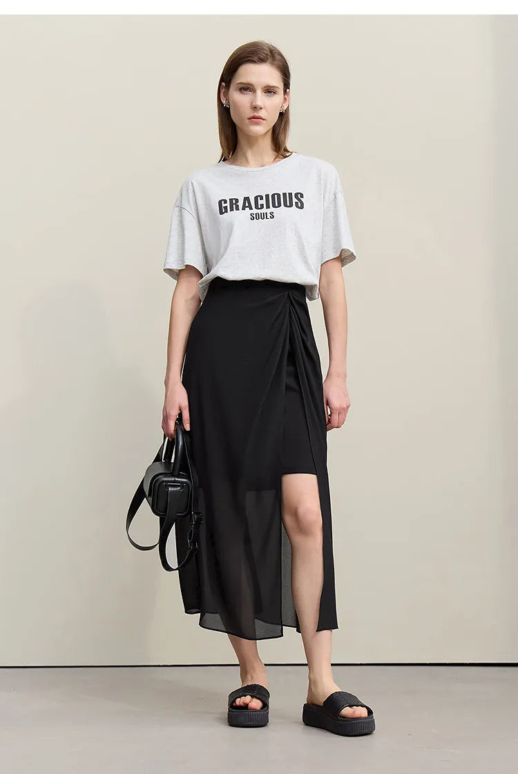 Women's Skirt 2026 Summer Elegant Chiffon Midi Skirt Pleated Side Slit Office Casual Versatile Women's Clothing 12612002