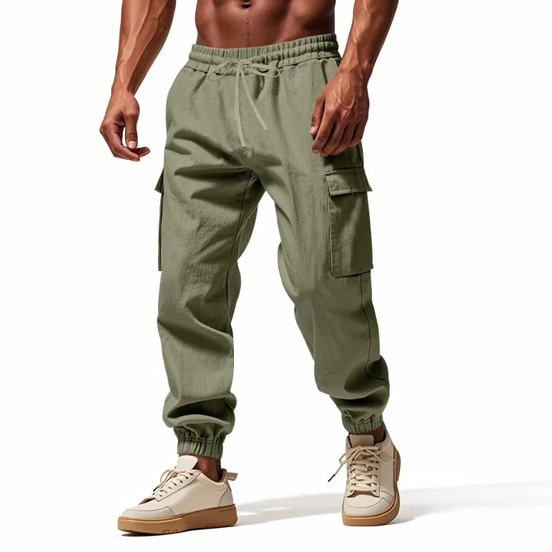 2026 New men's casual multi-pocket trousers male closed-placket tethered cotton and linen straight-leg leggings Men Mens