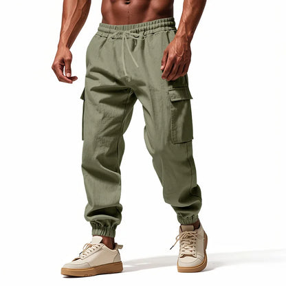2026 New men's casual multi-pocket trousers male closed-placket tethered cotton and linen straight-leg leggings Men Mens