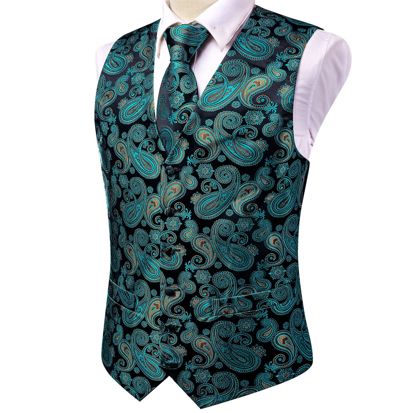 Formal Rose Pattern Paisley Plain Solid Mens Vest Party Wedding Waistcoat Pocket Square Tie  Hankie Suit Set