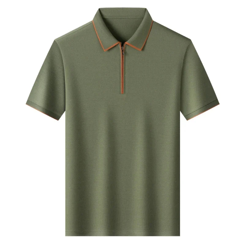 Men's Silk Zipper Polo Shirt Short Sleeve Mulberry T-Shirt Metal Zipper, Stand Collar Luxury Casual Summer Top Cotton&Linen Tee
