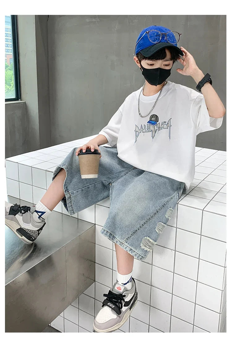 2025 New Summer Clothing Set for Kids Boy Luxury Summer Suit Children Cotton T-shirt And Denim Shorts 2 Pieces Tracksuit Outfit