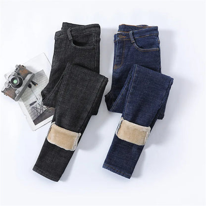 2023 Fashion Women Stretch High Waist Pencil Pants Casual Female Velvet Jeans High Quality Fleece Mom Jeans Thick Plush Pants