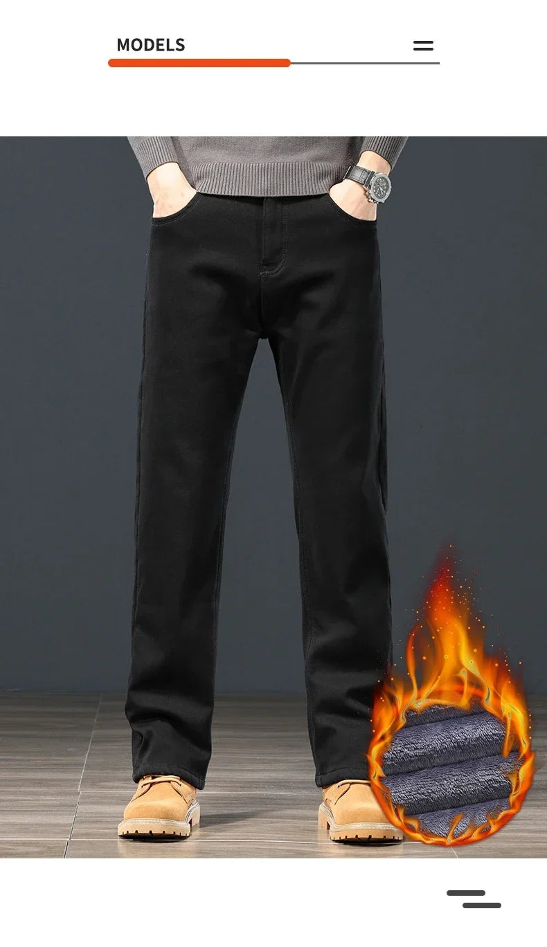 Winter Men's Fleece Warm Jeans Classic Black Plush Loose Straight Business Casual Pants Thermal Male Clothing 40 42 44