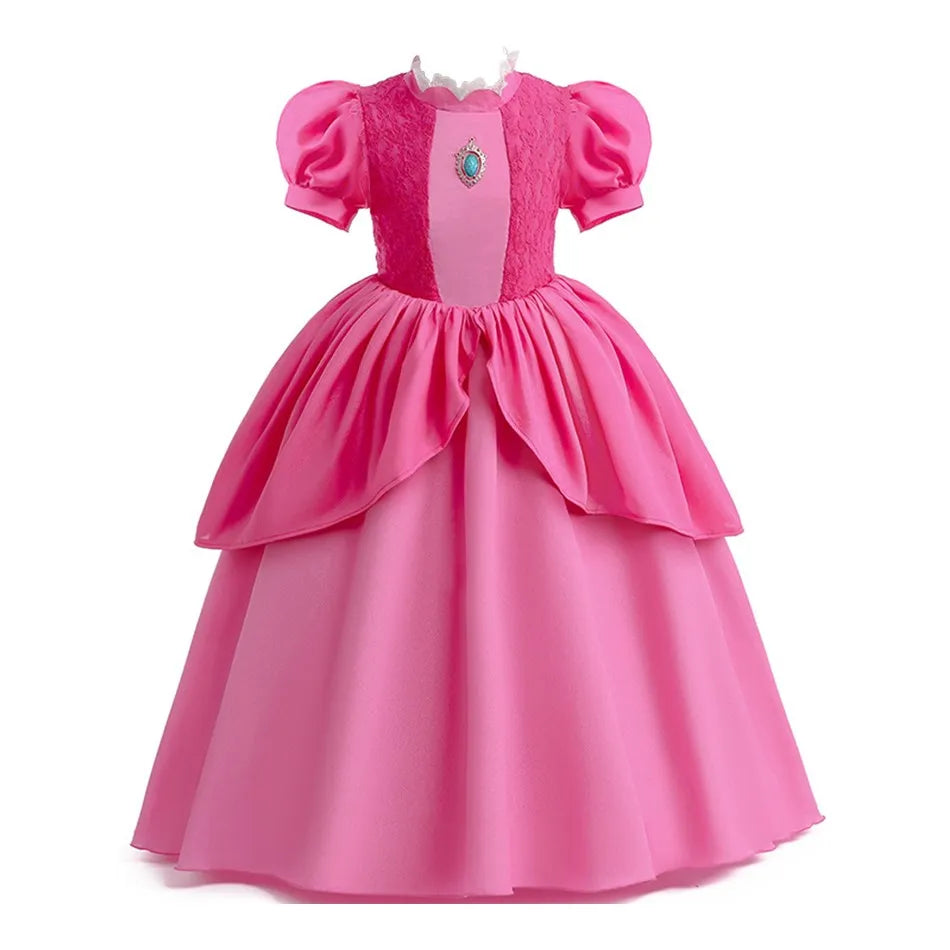 Cosplay Peach Costume for Girl Summer Bubble Sleeve Princess Elegant Dress Kids Halloween Christmas Party Dress Children Clothes