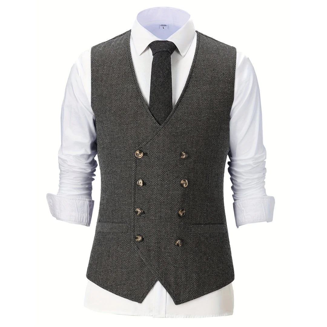 Men Vest Chanpagne Herringbone Double Button V Neck Waistcoat For Wedding Party Business Work Office Daily Casual Men Suit Vest