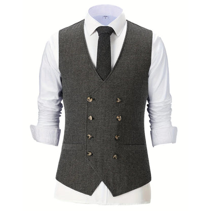 Men Vest Chanpagne Herringbone Double Button V Neck Waistcoat For Wedding Party Business Work Office Daily Casual Men Suit Vest