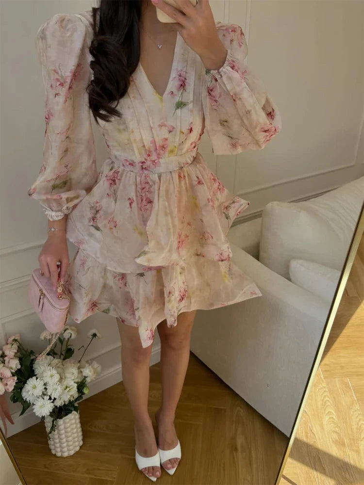 Women Floral Print Mini Dress V-neck Balloon Sleeve Keyhole Detail Tiered Ruffle Hem Dresses 2026 New Summer Holiday Party Gowns