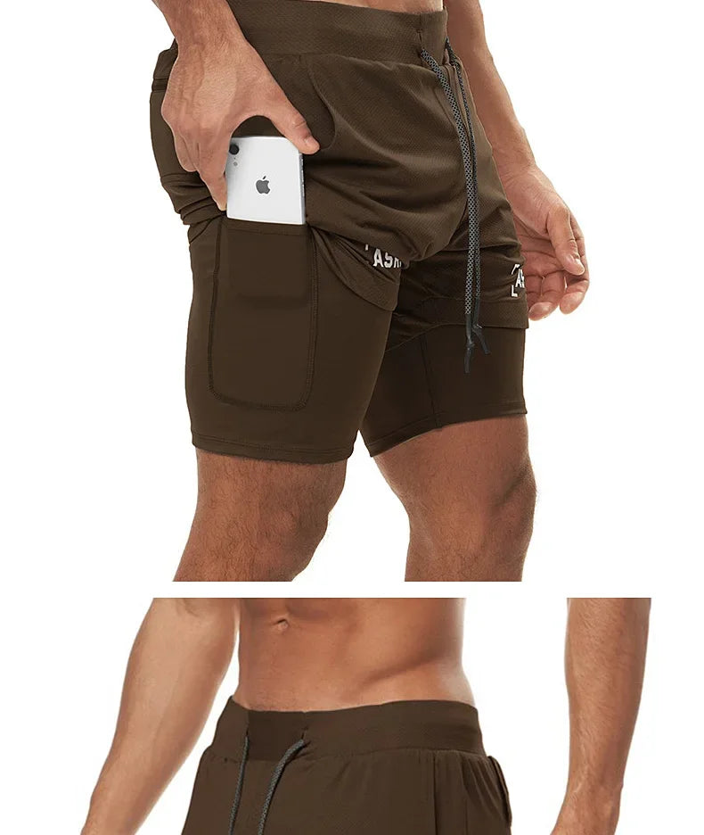 Men's 2 in 1 Double-deck Gym Shorts Quick Dry Summer Running Workout Shorts Zipper Pockets Slim Fit Fitness Training Short Pants