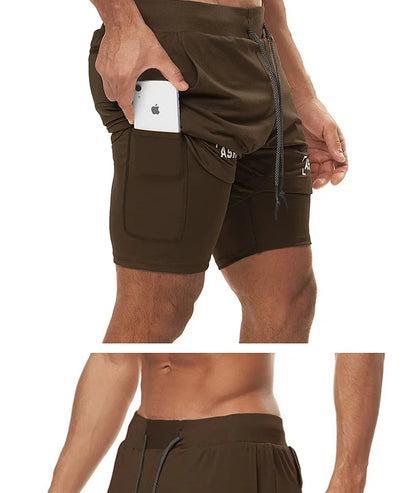 Men's 2 in 1 Double-deck Gym Shorts Quick Dry Summer Running Workout Shorts Zipper Pockets Slim Fit Fitness Training Short Pants