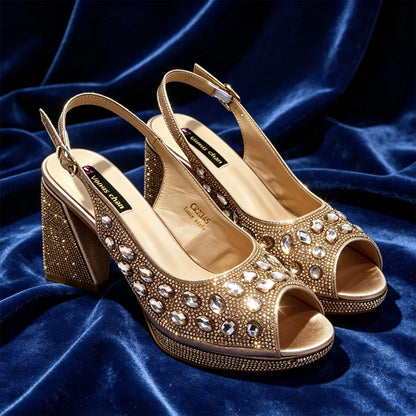 Elegant 2026 Champagne Peep Toe Heels with Diamond Accents - Luxurious Italian Design Pumps & Matching Bag Set for Parties