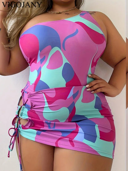 2026 Sexy Print 2 Piece Plus Size Swimwear Women One-shoulder Large One Piece Swimsuit Brazilian Chubby Bathing Suit