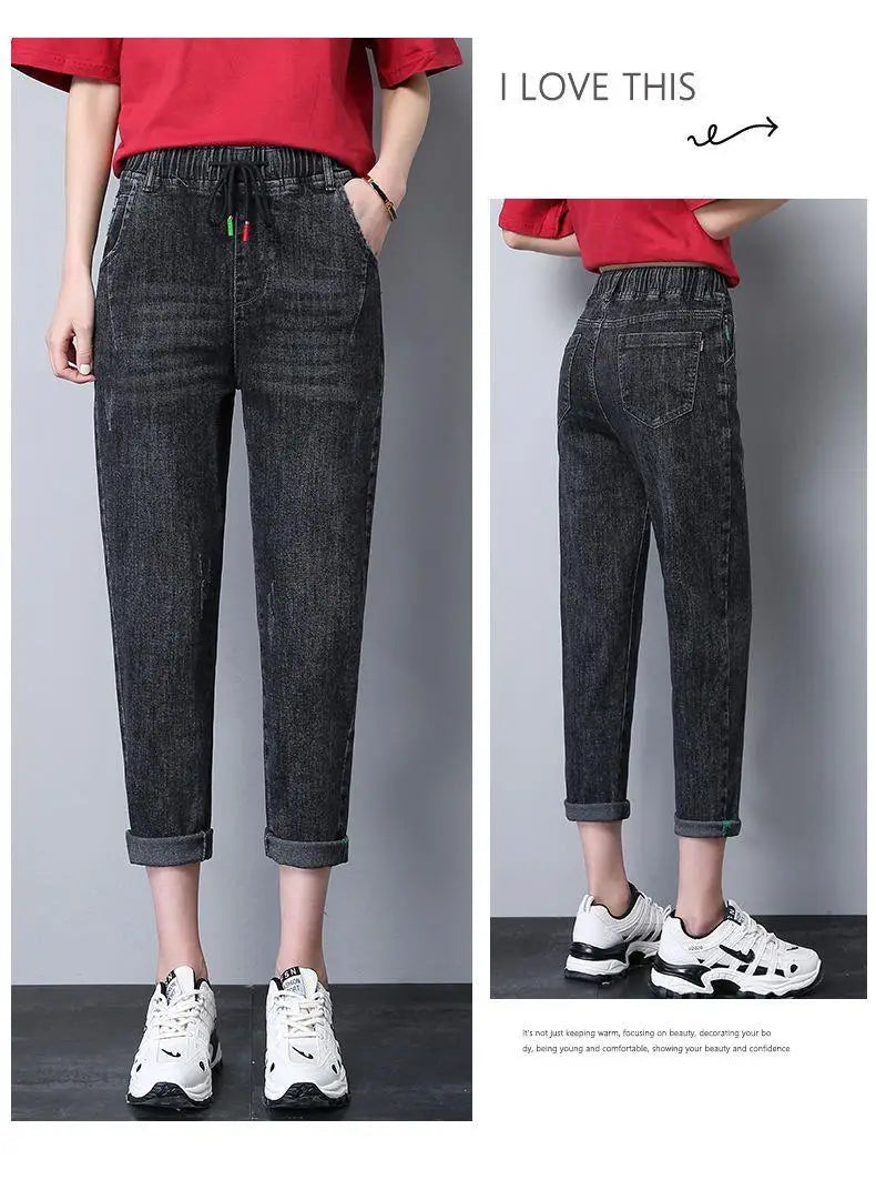 Elastic Waist Dad Harem Jeans Women's Light Blue Spring Summer New Style High Waist Wear Resistant Eighteen Inches Blue Jeans