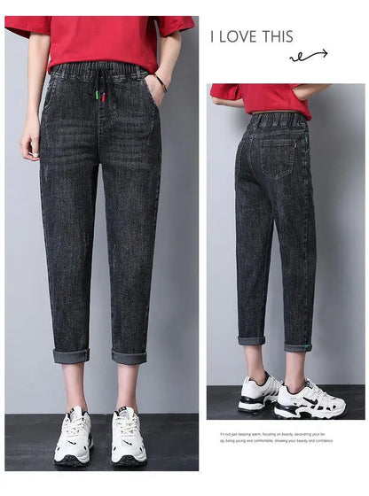 Elastic Waist Dad Harem Jeans Women's Light Blue Spring Summer New Style High Waist Wear Resistant Eighteen Inches Blue Jeans