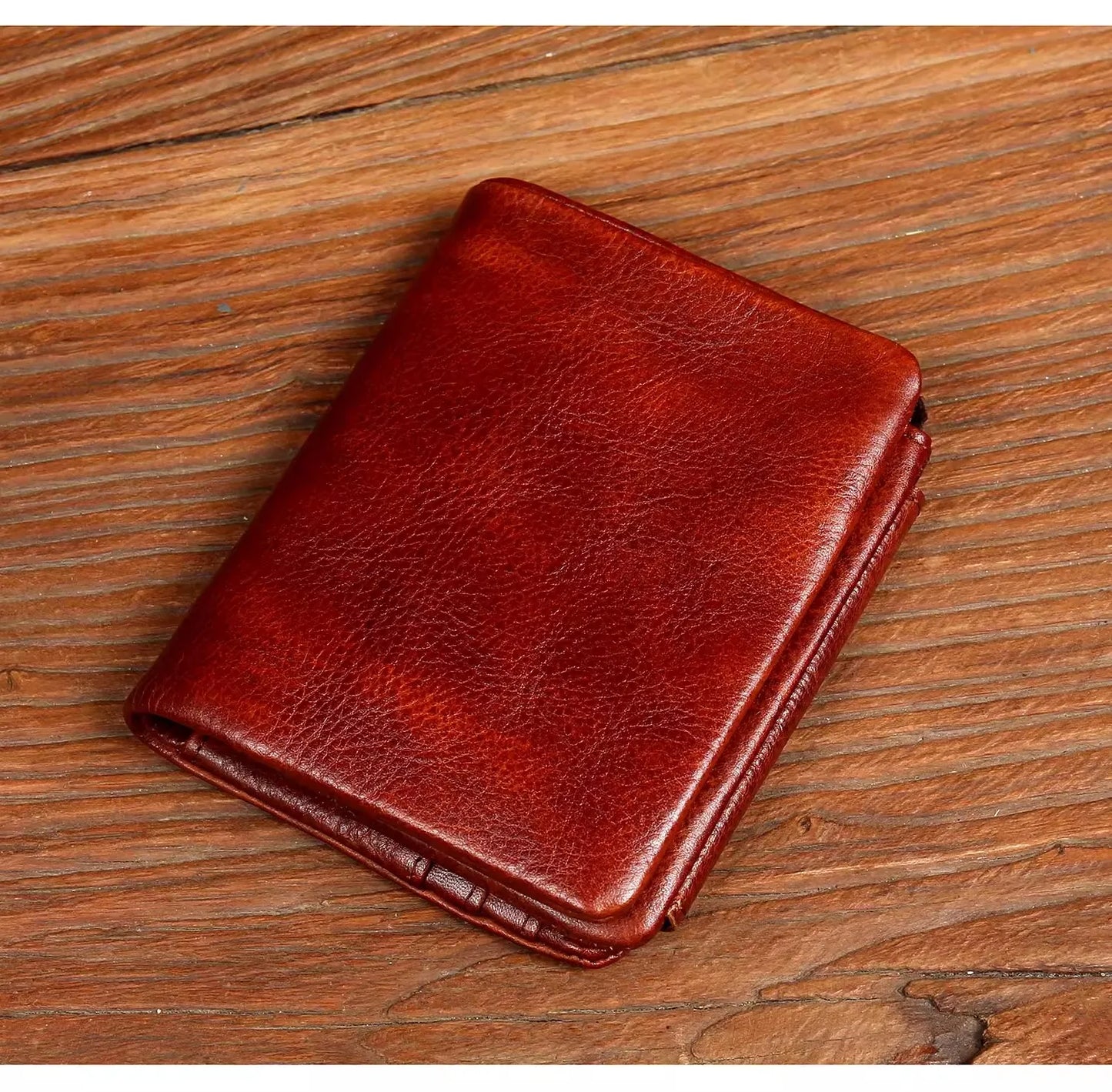 Men's Hand-Rubbed Genuine Leather Short Wallet Top-Grain Vegetable-Tanned Zipper Wallet with Driver's License Card Holder