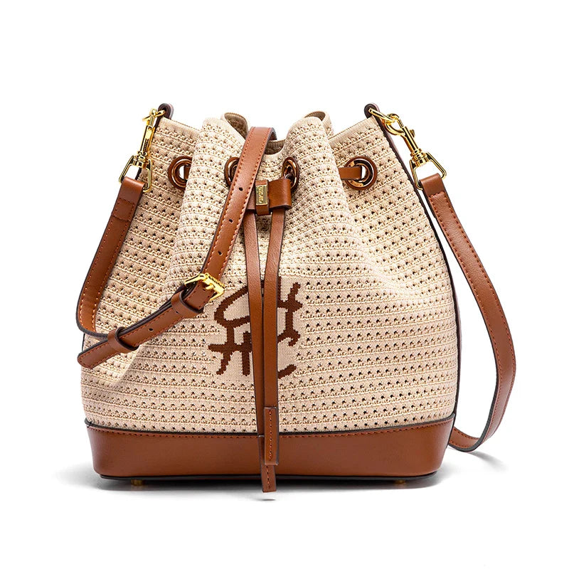 Women's Bucket Bag Spring New Fabric Splicing Design Handbag Vacation Style Women's Shoulder Bag