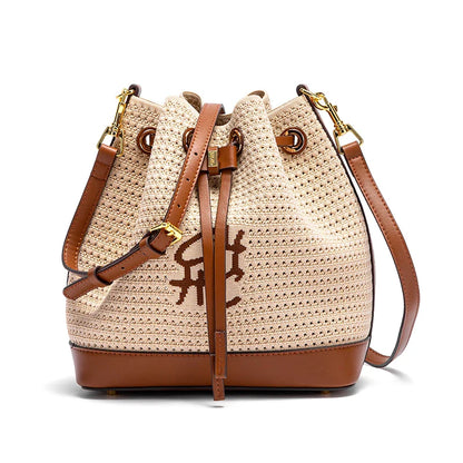 Women's Bucket Bag Spring New Fabric Splicing Design Handbag Vacation Style Women's Shoulder Bag