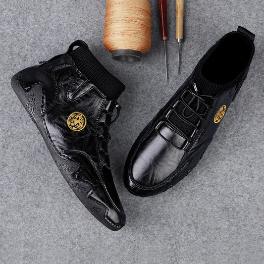 Men's Wear-resistant Boots Casual Classic Genuine Leather Handmade Shoes Ankle Round Toe Lace Up Walking Business Boot