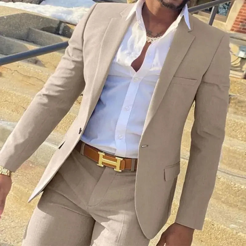 Beige Men  Suit Slim Fit Wedding Groom Tuxedos Groomsmen Suits Male Fashion Smoking Costume Homme 2 Pieces (Blazer+Pants)
