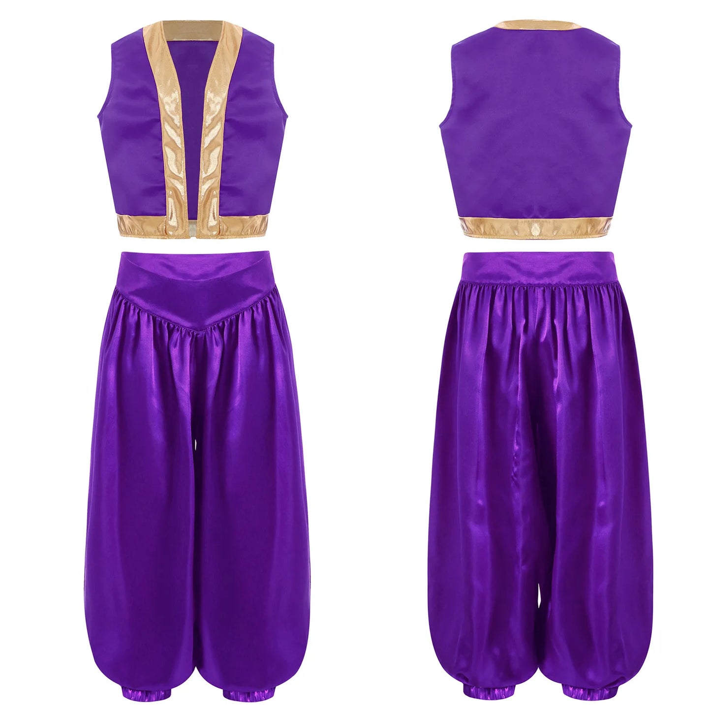 Boys Girls Prince Costume Arabian Prince Fairy Tale Character Cosplay Suits Belly Dance Golden Trim Vest with Satin Bloomer Set
