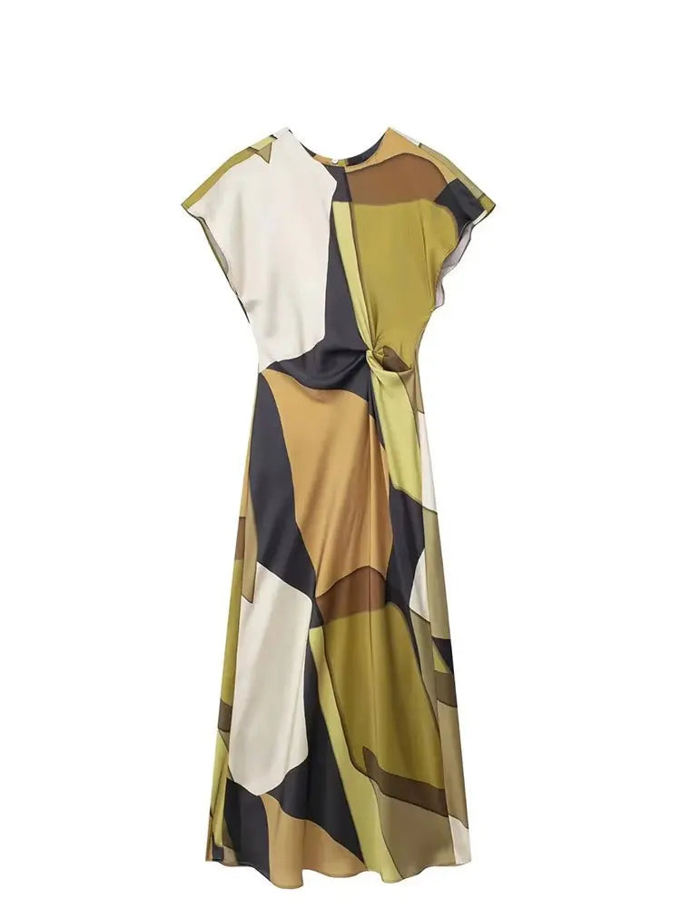 2024 Summer Women Dress Fashion Vintage Print O-Neck Midi Dress Waist Cinched Casual Chic Woman Elegant Dresses