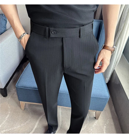 Spring Autumn New Elastic Waist Casual Trousers Male High Waist Dark Striped Slim Fit Pants Men Business Formal Casual Suit Pant