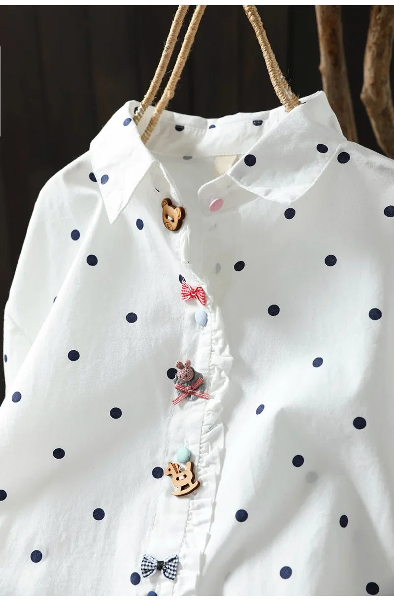 2026 Korean style clothes women spring cotton white polka dot print shirts long sleeve blouses Middle-aged women's clothing