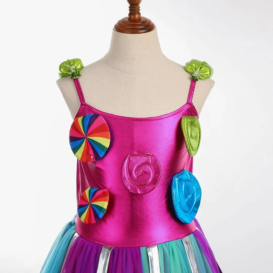2025 Purim Festival Suspender Rainbow Dress For Girl Candy Lollipop Costume Party Gift Candy Dress + Lollipop Accessories Suit