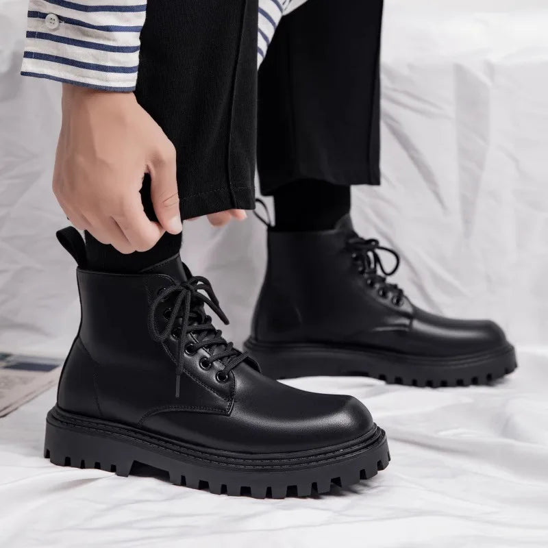 Black Men's Casual Leather Boots Fashion Winter Men Work Boot Mens Shoes Non-slip Designer High Top Ankle Boots Motorcycle Shoes