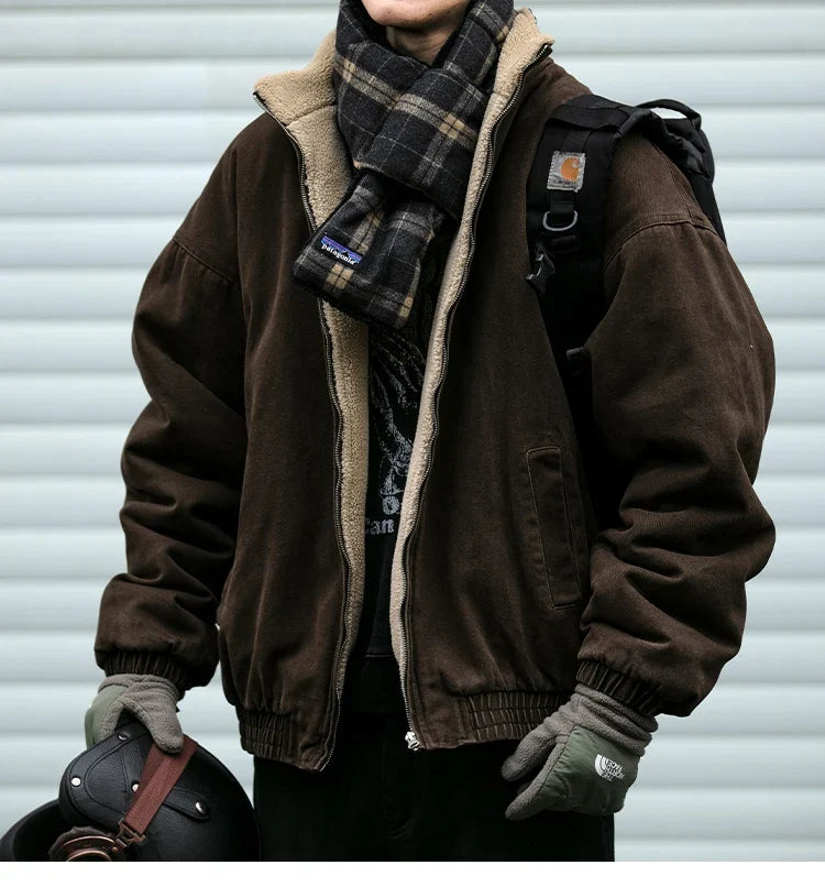 Japanese Vintage Polar Fleece Jacket Men Winter High Quality Thick Jacket Korean Streetwear Loose Couple Trendy Warm Coat Male
