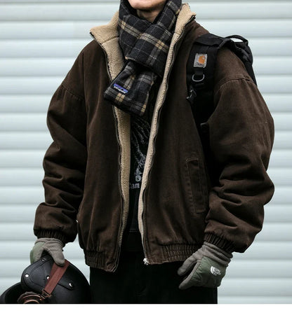 Japanese Vintage Polar Fleece Jacket Men Winter High Quality Thick Jacket Korean Streetwear Loose Couple Trendy Warm Coat Male
