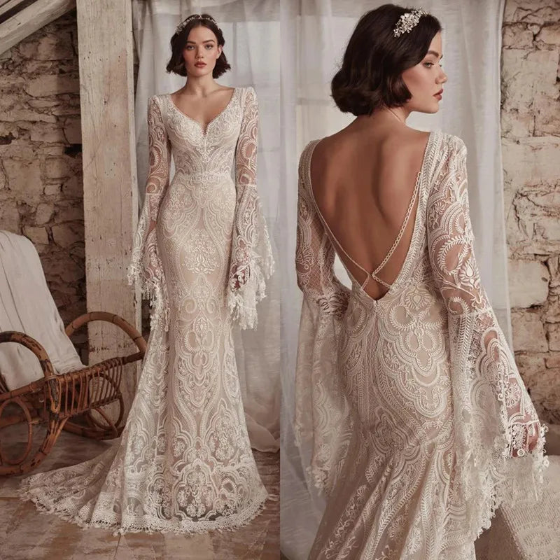 2026 Boho Mermaid Wedding Dresses Long Sleeve Pleat Sexy Lace Illusion Bridal Gown V-Neck Backless Zipper Sweep Train Customized