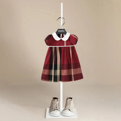 Summer Short Sleeves Kids Girl's Dress Long Sleeves Retro Style Red Plaid Striped Doll Collar Princess Doll Dresses Kids Clothes