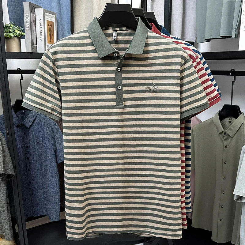 Summer High End Man Polo Shirt Striped Lapel Short Sleeve Horse Lette Print New Breathable T-Shirt Classic Commuter Menswear Top