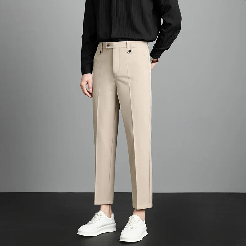 Brand High Quality Business Suit Ankle Length Pants Men Grey Khaki Waist Design Work Office Formal Long Trousers Male