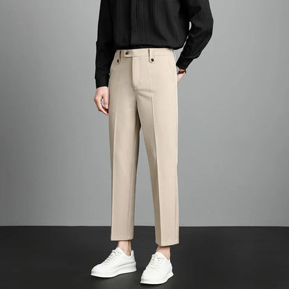 Brand High Quality Business Suit Ankle Length Pants Men Grey Khaki Waist Design Work Office Formal Long Trousers Male