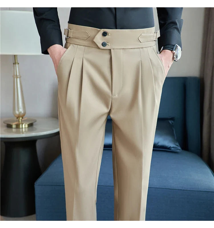 British Style Autumn New High Waist Trousers Men Belt Design Slim Fit Suit Pants Office Social Wedding Party Formal Pants Hommes