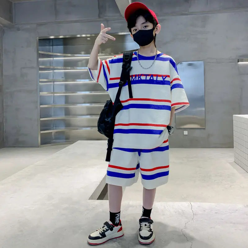 Striped Short-sleeved Sportswear Summer Suit for Boy Set Children From 4 Years Old Tees Kids Clothes Boys Children's Costumes 11