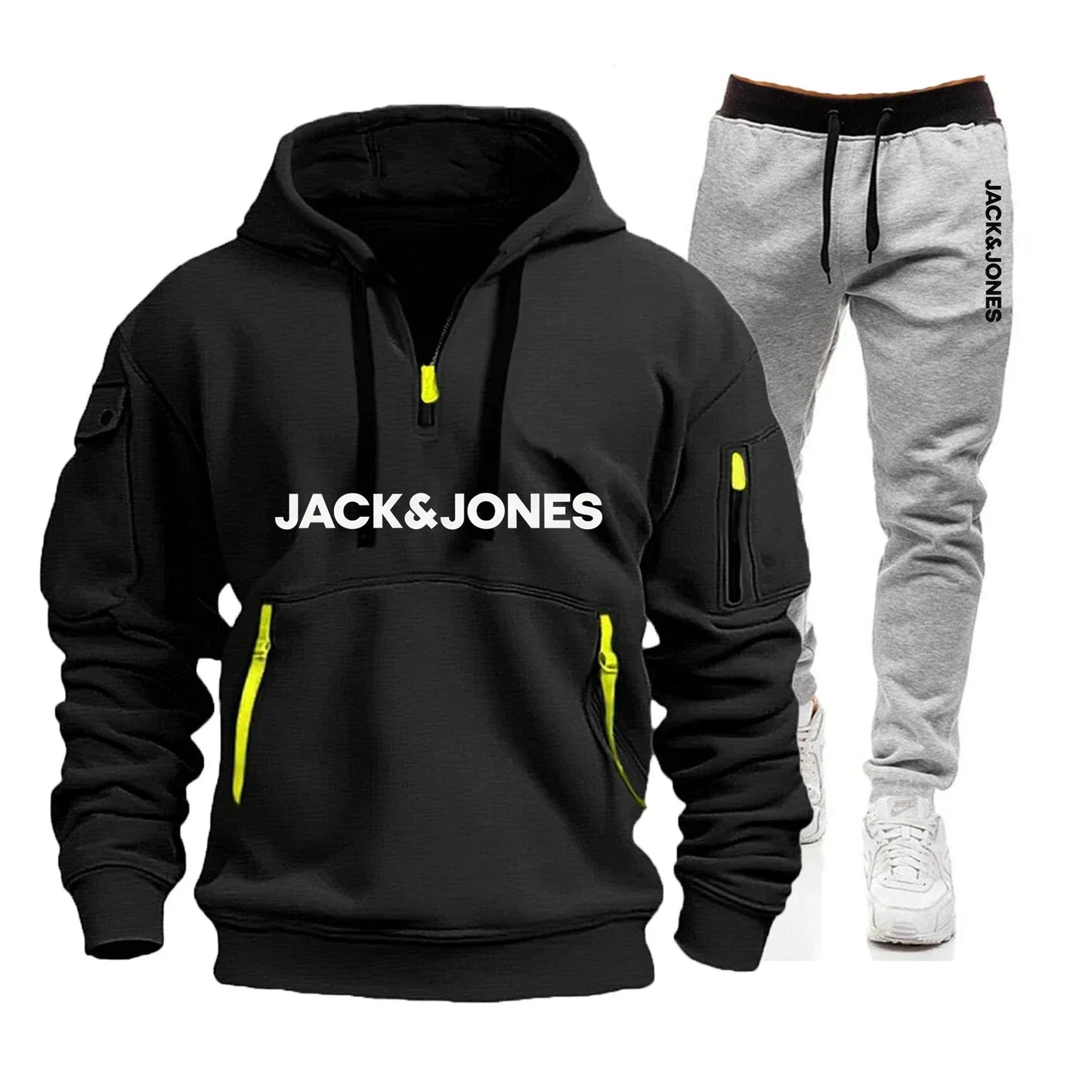 Two sets of men's sportswear for autumn/Winter 2025, including a sweatshirt and two sets of fitness jogging pants with wool caps