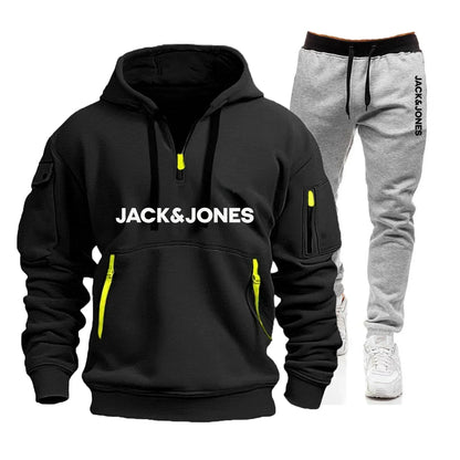 Two sets of men's sportswear for autumn/Winter 2025, including a sweatshirt and two sets of fitness jogging pants with wool caps