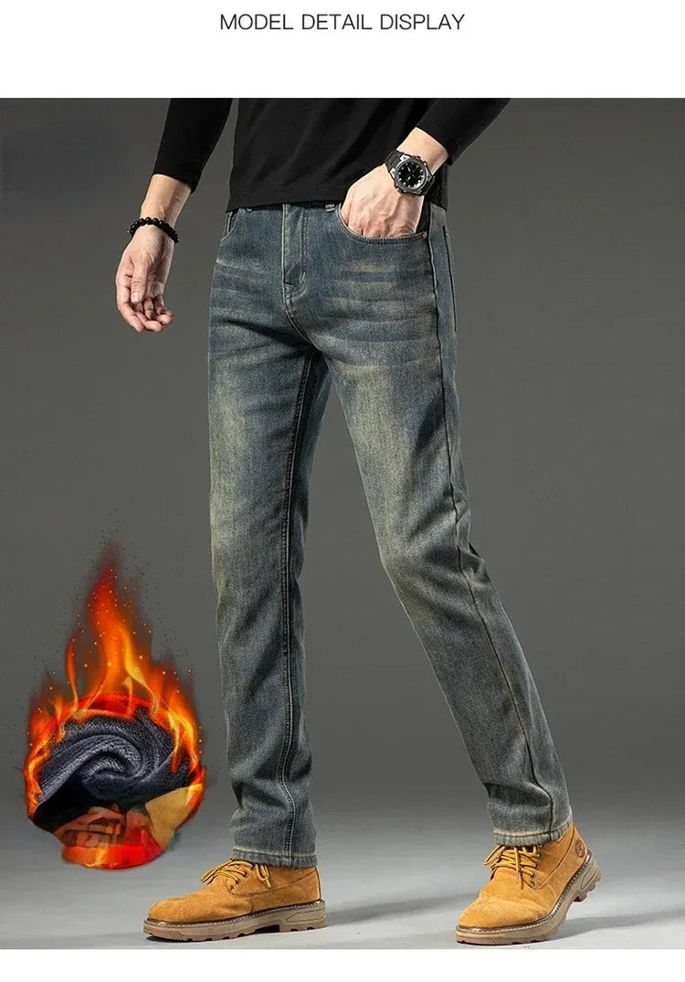 High Quality Winter Jeans New Casual Straight Tube with Fleece Thickening Loose Outside Warm Long Pants Streetwear Men