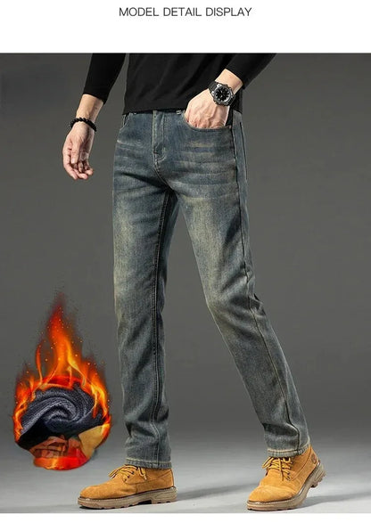 High Quality Winter Jeans New Casual Straight Tube with Fleece Thickening Loose Outside Warm Long Pants Streetwear Men