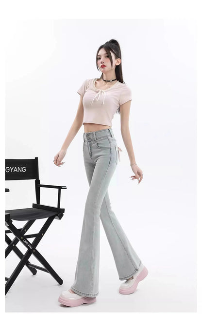 High Waist Bell Bot Denim Jeans Women's Light Color Peach Butt Design Slimming Fitted Floor Length  Hoof Pants