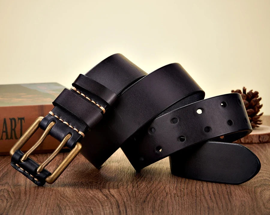 3.8cm Wide Retro Vintage Men's Belt Cowhide Genuine Leather Belt Copper Double Needle Buckle Handmade Cowboy Jeans Belt