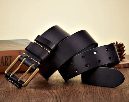 3.8cm Wide Retro Vintage Men's Belt Cowhide Genuine Leather Belt Copper Double Needle Buckle Handmade Cowboy Jeans Belt