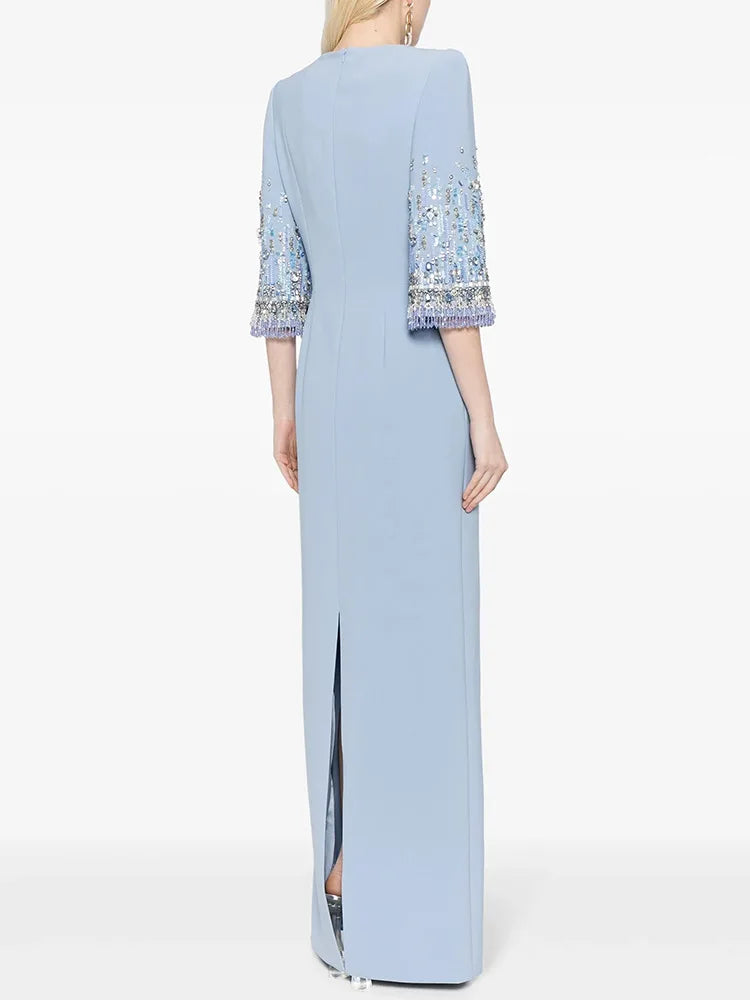 HIGH STREET Newest Fashion 2026 S/S Designer Vestido Women's Half Sleeve Stunning Beaded  Long Maxi Dress