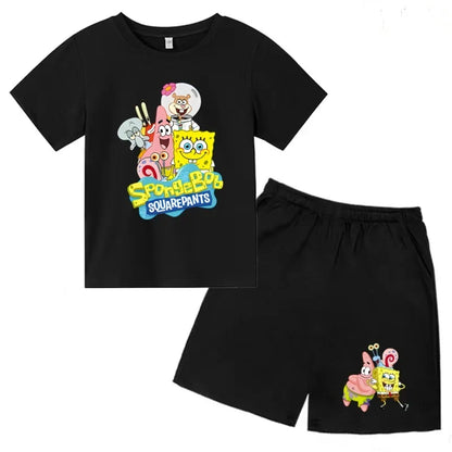 Kids Summer Anime SpongeBob SquarePants Fashion T-shirt 3-12 Years Boys Girls Toddler Short-sleeved+Shorts Casual Sportswear Set