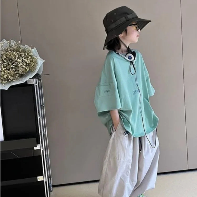 New Boys' Short Sleeve T-Shirt 100% Cotton Summer Loose Fit Kids Large Size Handsome Trendy Tops